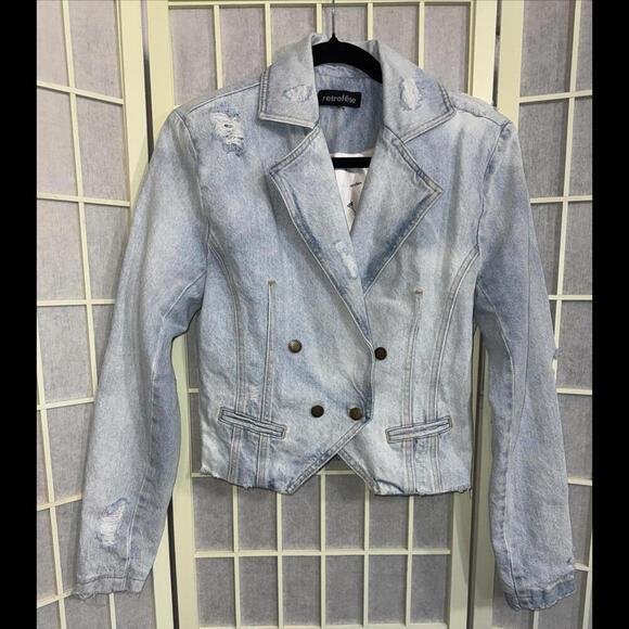 Revolve Retrofête Vivienne Denim Distressed Preppy Designer Jacket SMALL - Picture 1 of 15